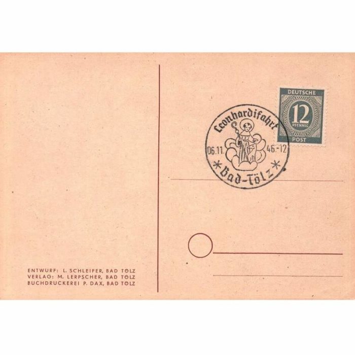 AK Bad Tölz Leonhardifahrt 1946 Sonderstempel Postkarte AK mit Marke Nr. 920 Alliierte Besetzung Gemeinschaftsausgaben