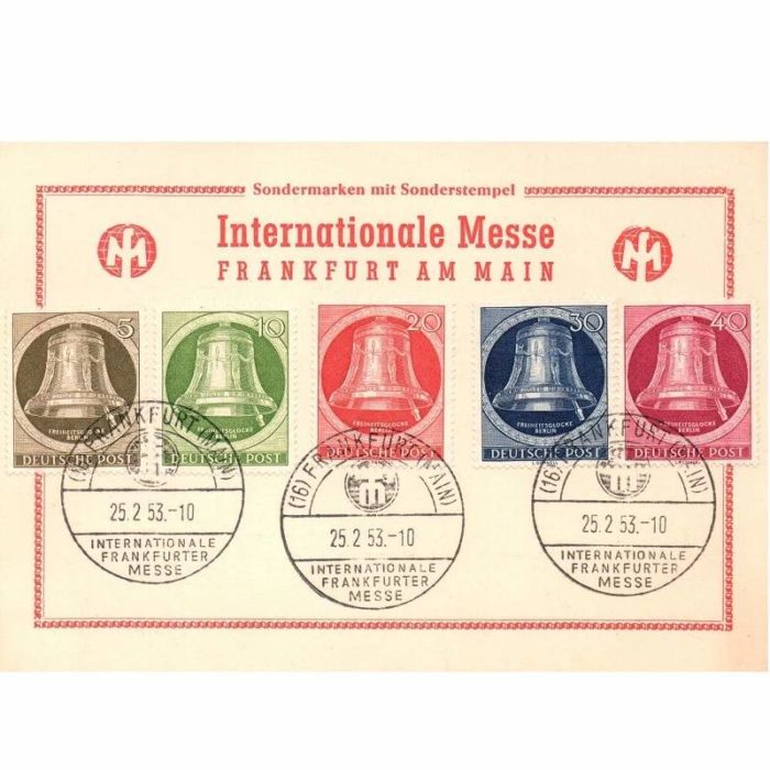 Sonderpostkarte Internationale Messe Frankfurt am Main 1953 Sonderstempel Freiheitsglocken